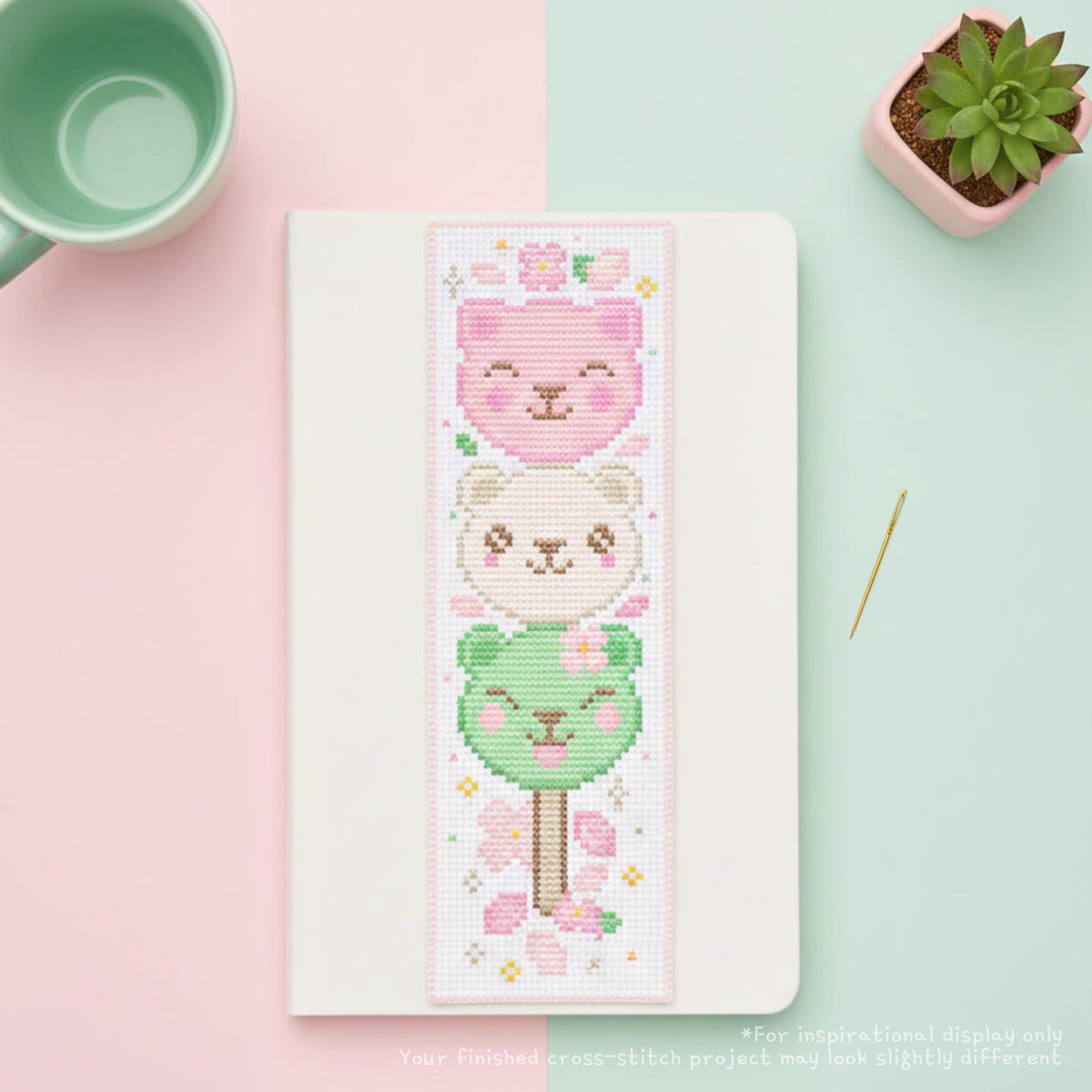 Finished kawaii mochi dango bookmark cross stitch design