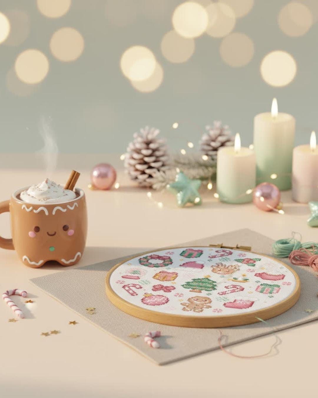 Finished pastel Christmas cross stitch in a hoop beside a gingerbread mug, candles and embroidery floss