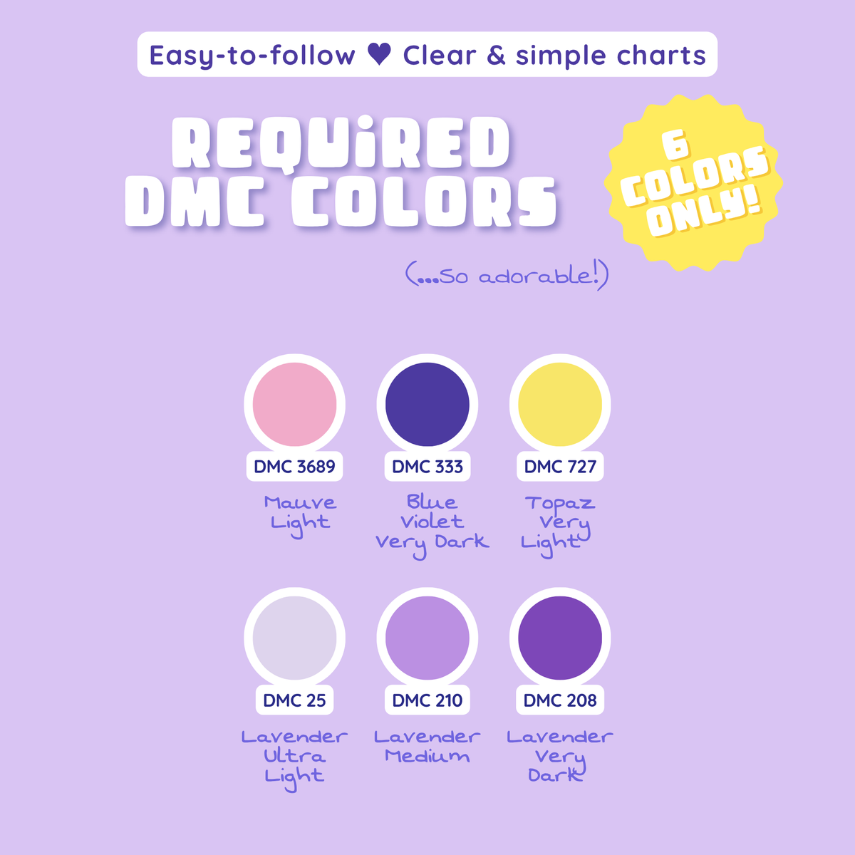 Six DMC thread colors required for the Witchy Cats cross stitch pattern