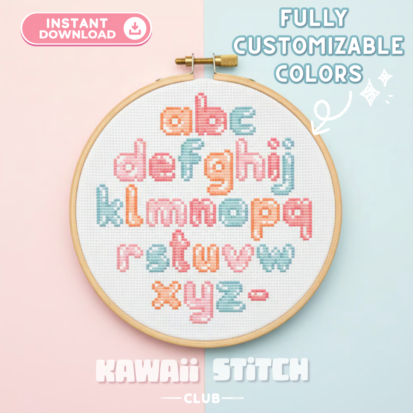 Lowercase bubble alphabet cross stitch pattern stitched in pastel colors in a hoop