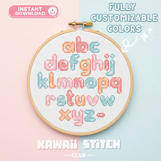 Lowercase bubble alphabet cross stitch pattern stitched in pastel colors in a hoop