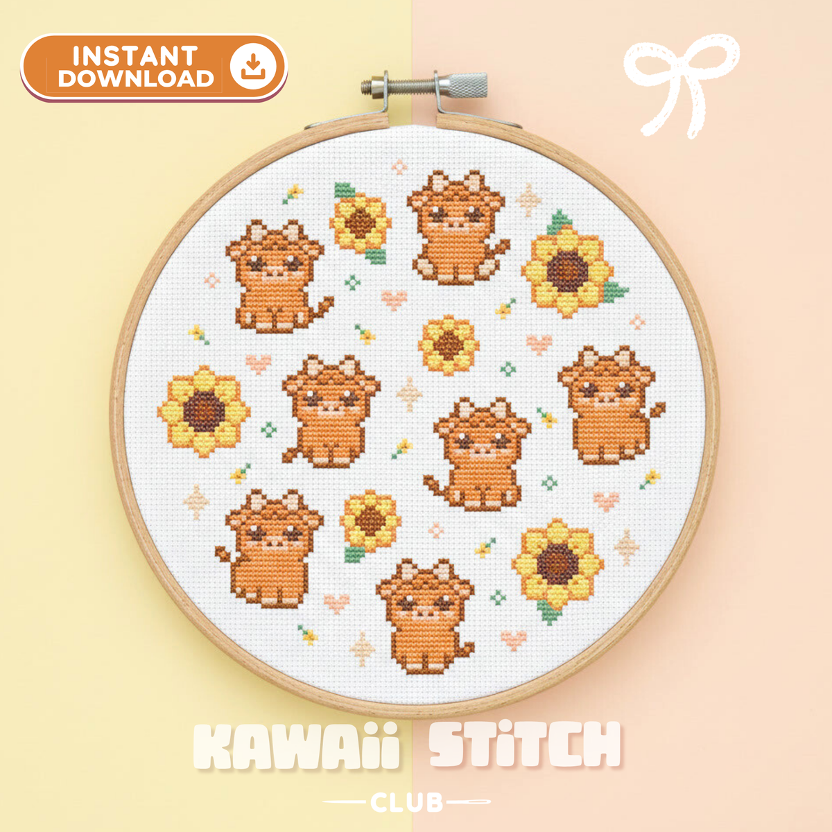 Seven baby Highland cows and sunflowers stitched together in a round hoop