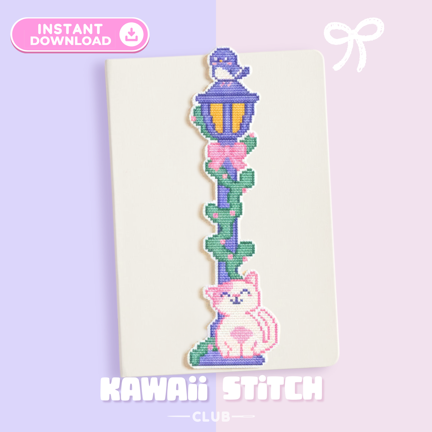 Cross stitch bookmark with a pastel street lamp, climbing vine and pink cat