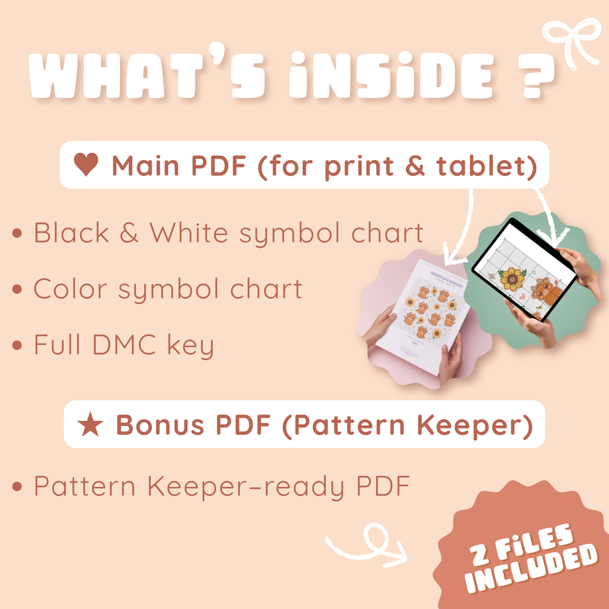 Preview of color and black-and-white charts, DMC key, and Pattern Keeper PDF