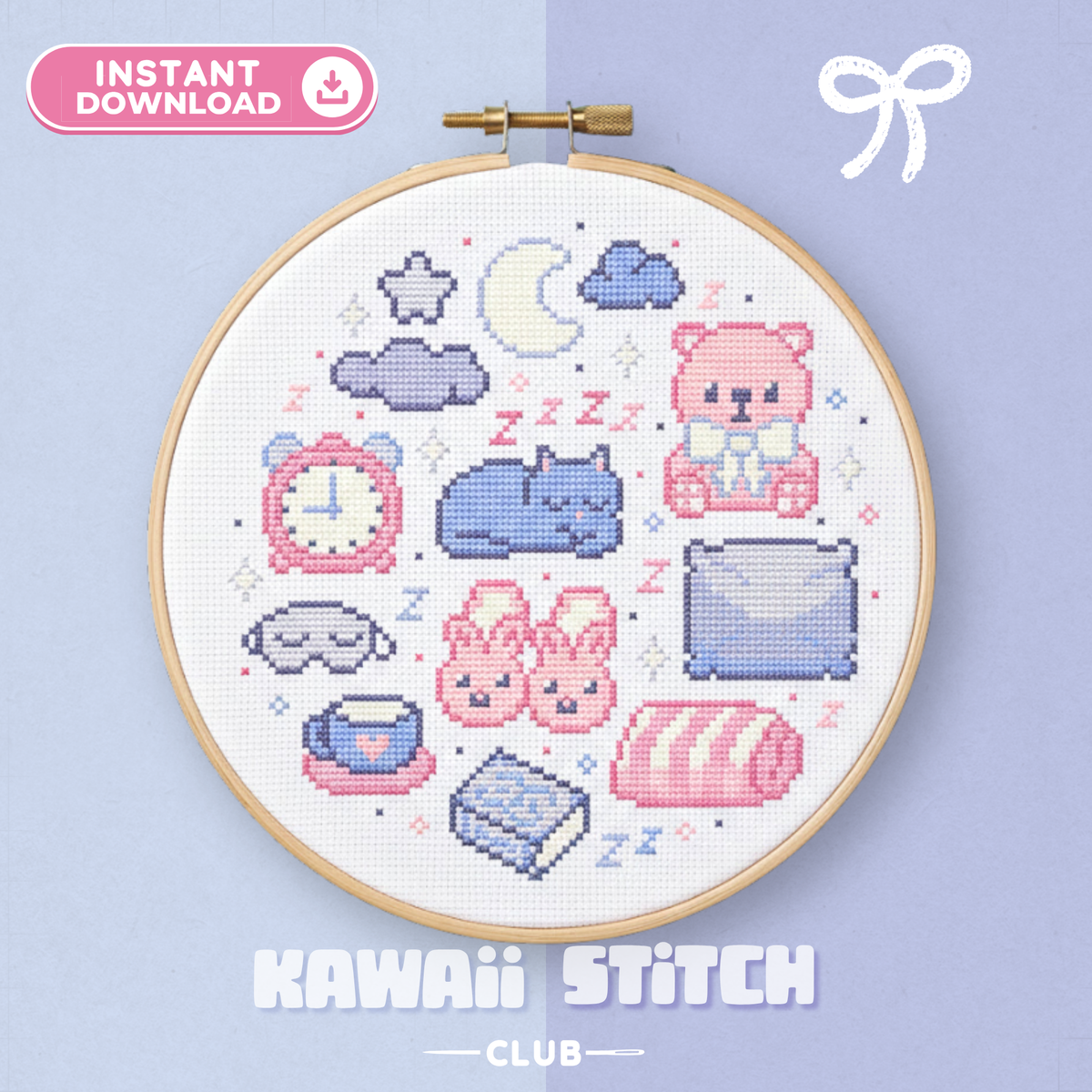 Kawaii Mini Cross Stitch Pattern : Dreamy Pastel Bedtime Collection with Sleepy Cat & Moon (PDF)