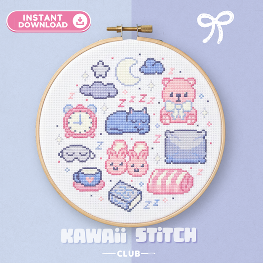Kawaii Mini Cross Stitch Pattern : Dreamy Pastel Bedtime Collection with Sleepy Cat & Moon (PDF)