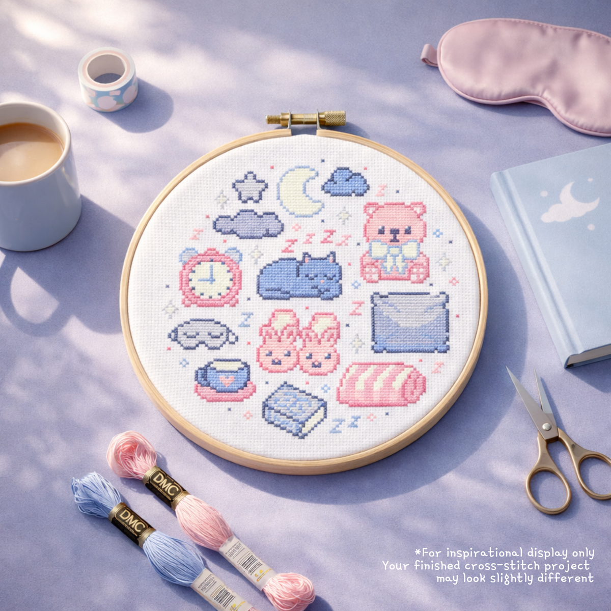 Kawaii Mini Cross Stitch Pattern : Dreamy Pastel Bedtime Collection with Sleepy Cat & Moon (PDF)