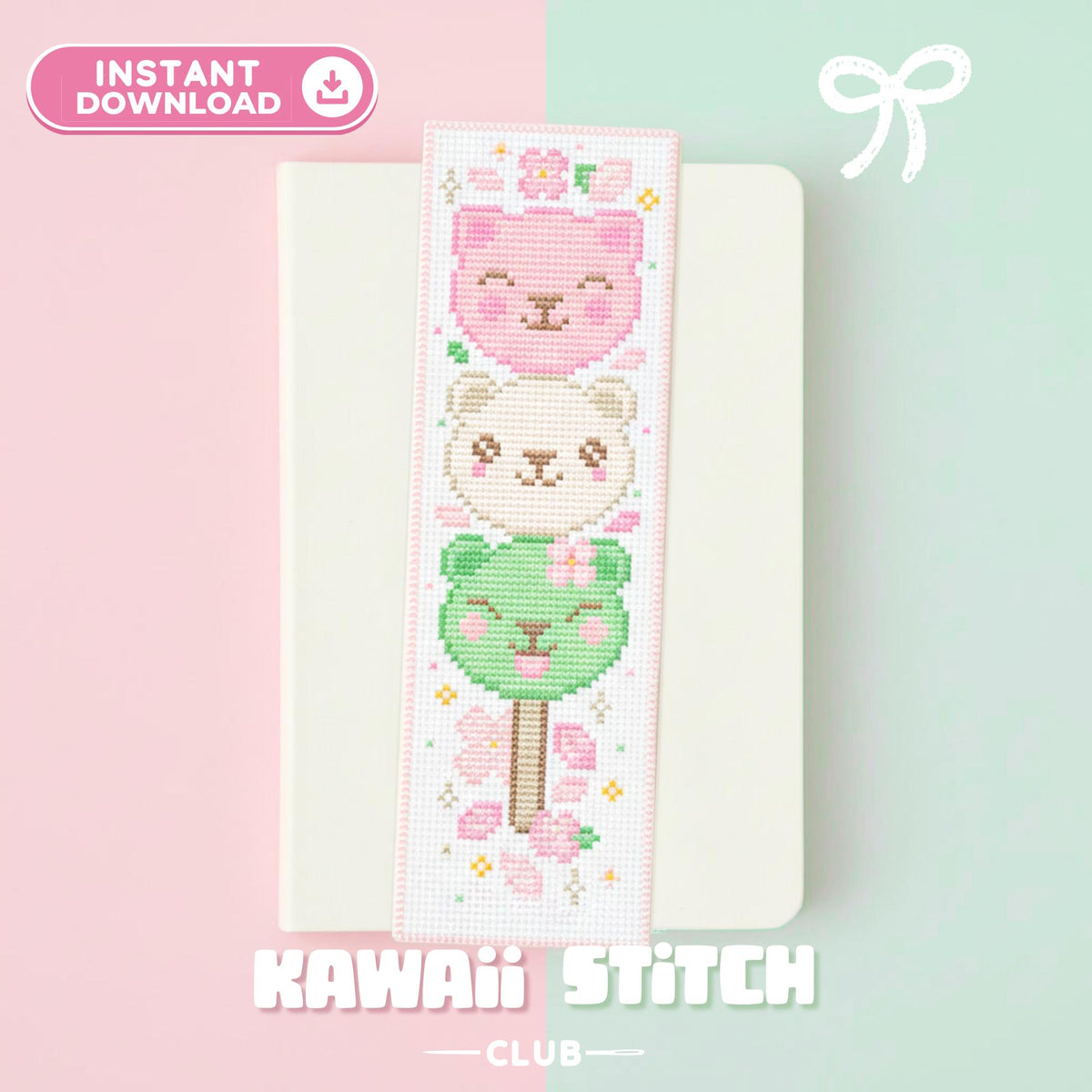Kawaii mochi dango bookmark cross stitch pattern with cherry blossoms