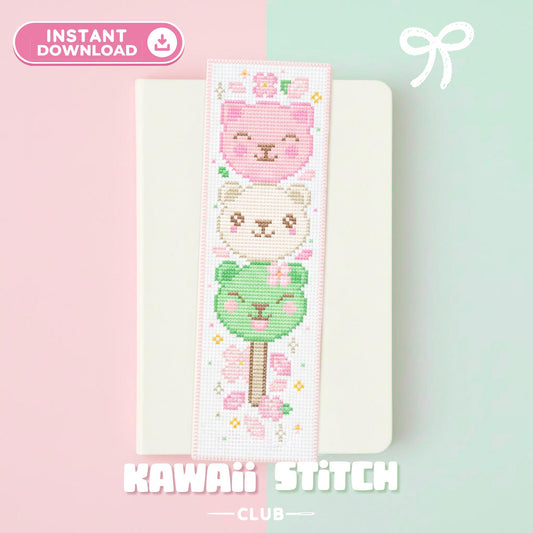 Kawaii mochi dango bookmark cross stitch pattern with cherry blossoms