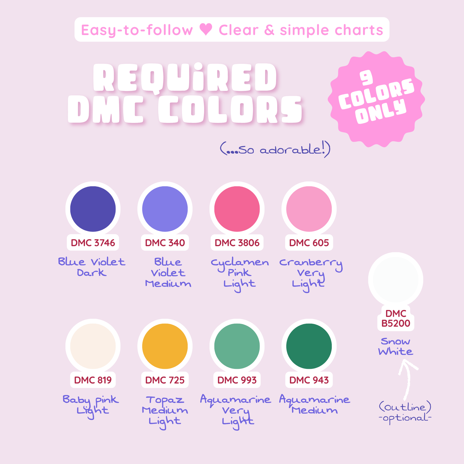 Nine DMC thread colors required for the street lamp and cat bookmark pattern