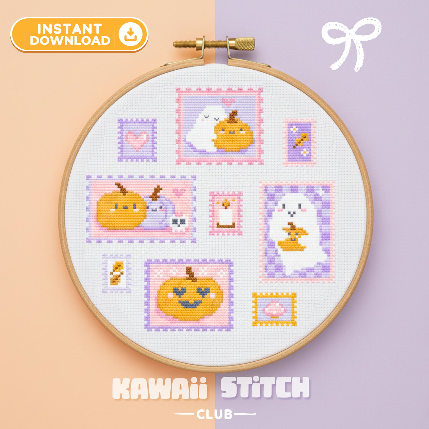 Pastel Halloween cross stitch pattern with stamp motifs of cute ghosts and pumpkins in a hoop