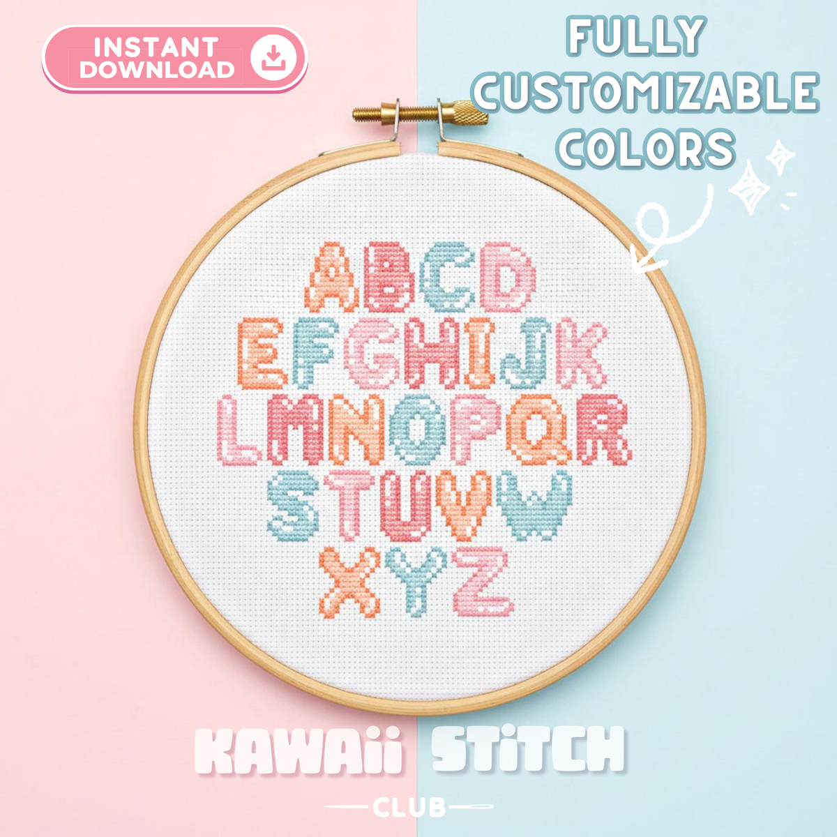 Uppercase bubble alphabet cross stitch pattern stitched in pastel colors in a hoop