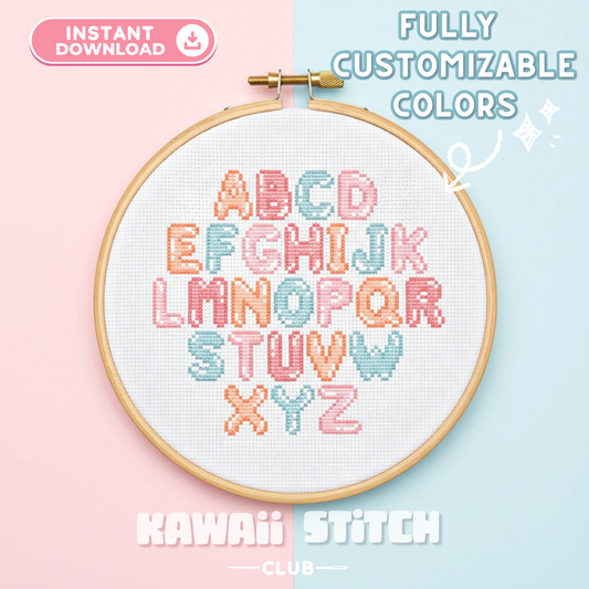 Uppercase bubble alphabet cross stitch pattern stitched in pastel colors in a hoop
