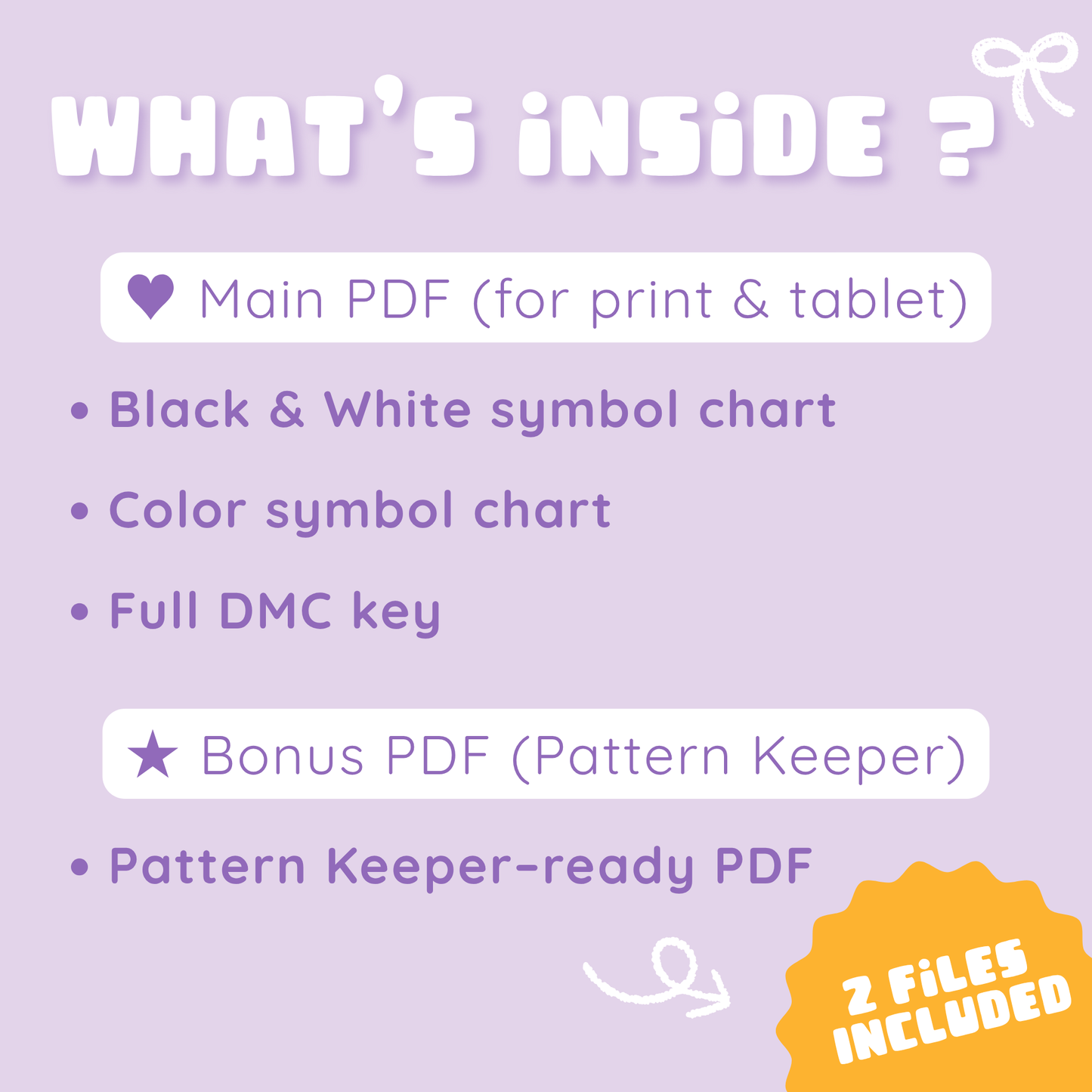 PDF contents: color and black-and-white Halloween charts, DMC key and Pattern Keeper file