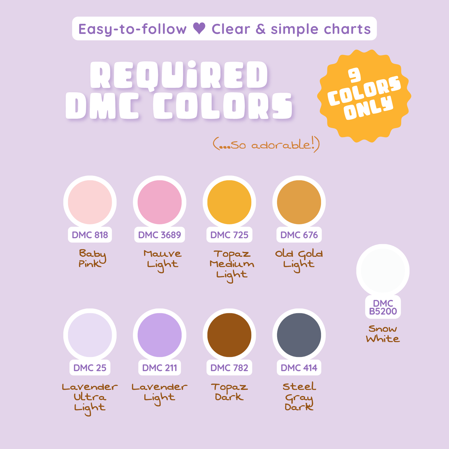 Nine DMC thread colors required for the pastel Halloween cross stitch pattern