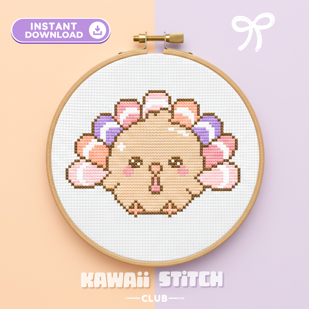 Kawaii turkey cross stitch pattern in a hoop with pastel tail feathers