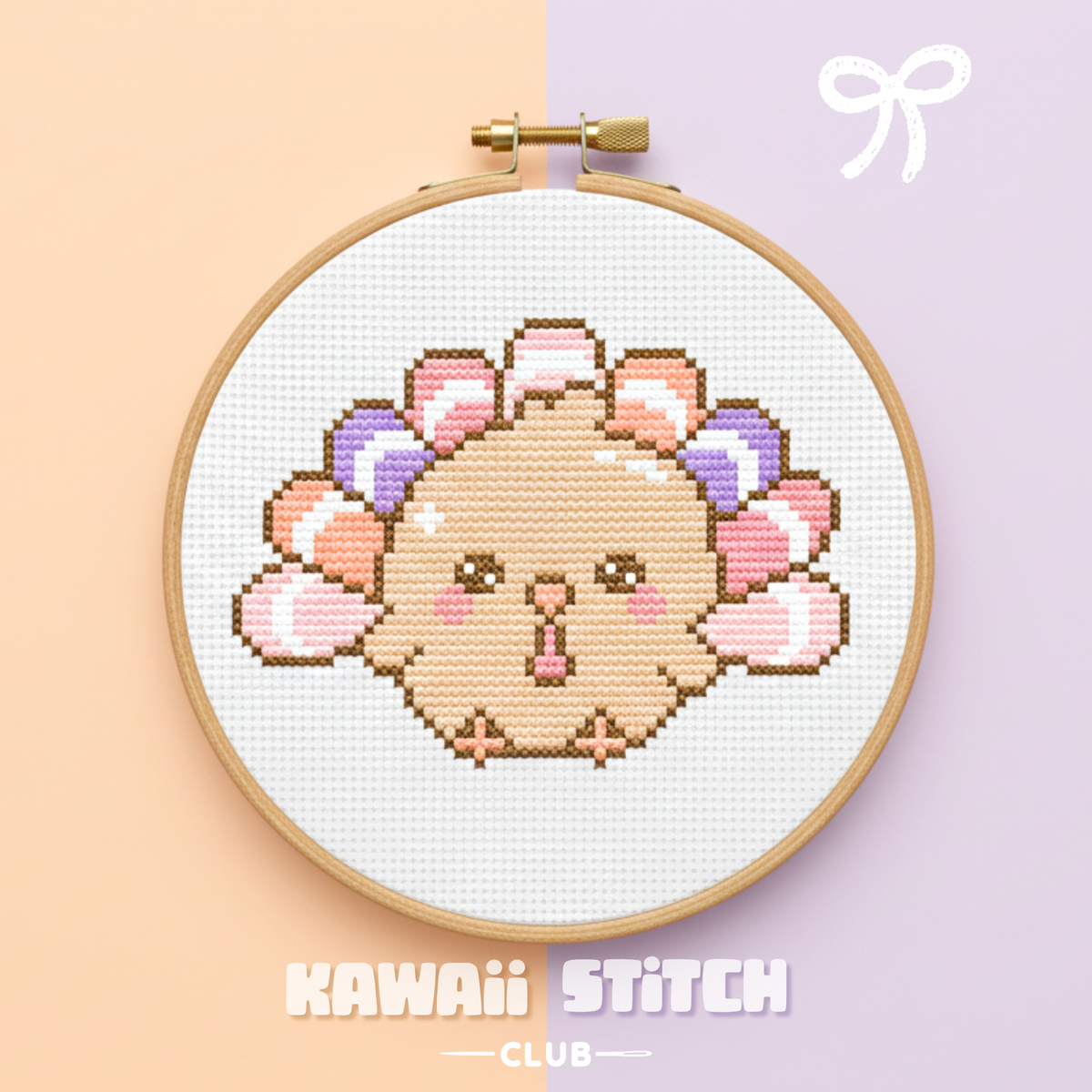 Finished pastel turkey cross stitch pattern displayed in a wooden hoop