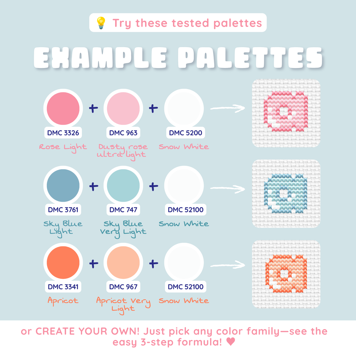 Example DMC color palettes for customizable lowercase bubble letters
