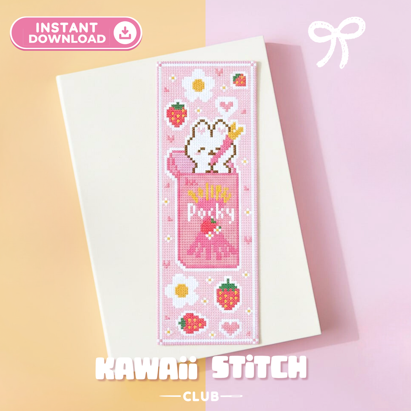 Bookmark Cross Stitch Pattern : Kawaii Pocky Bunny Sweet Pink Strawberry Food (PDF)