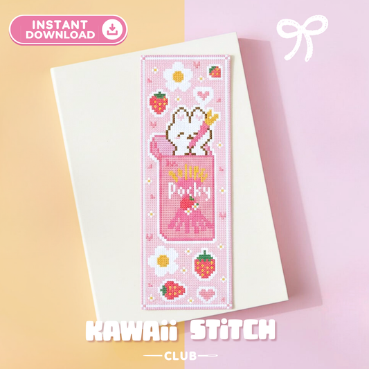 Bookmark Cross Stitch Pattern : Kawaii Pocky Bunny Sweet Pink Strawberry Food (PDF)