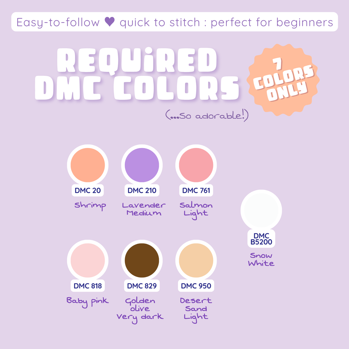 Seven DMC thread colors required for the kawaii turkey cross stitch pattern