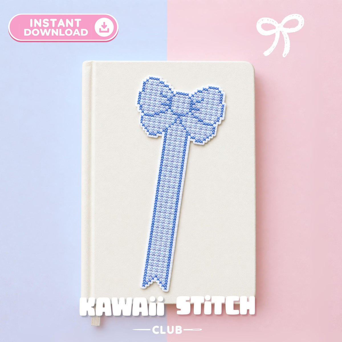 Blue coquette bow bookmark cross stitch pattern in pastel gingham