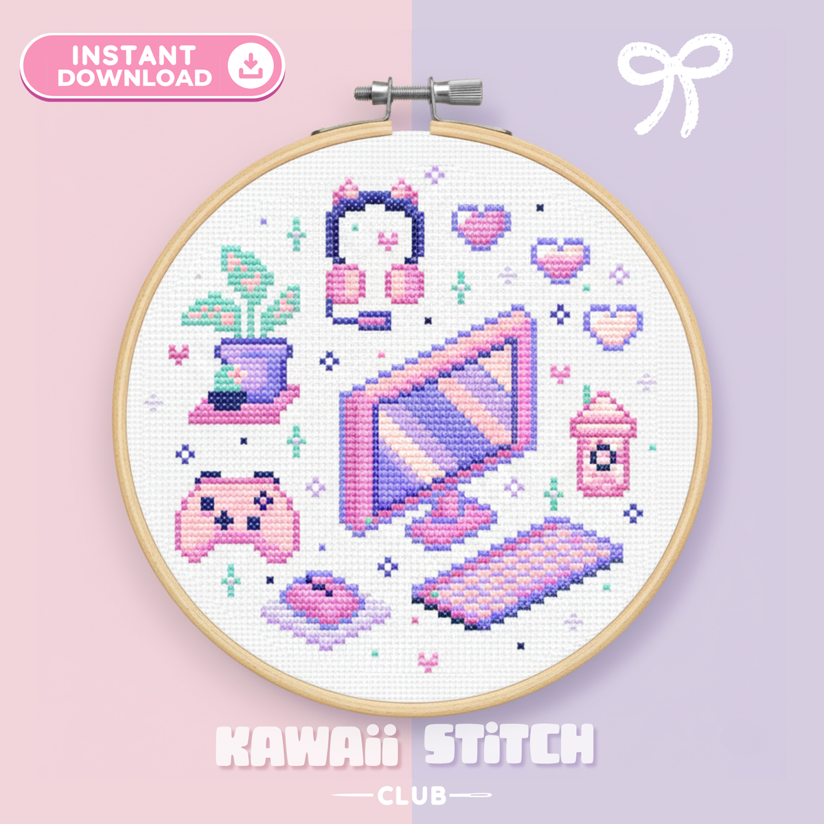 Kawaii Gaming Cross Stitch Pattern Pastel Pixel Art Gamer Girl Collection (PDF)
