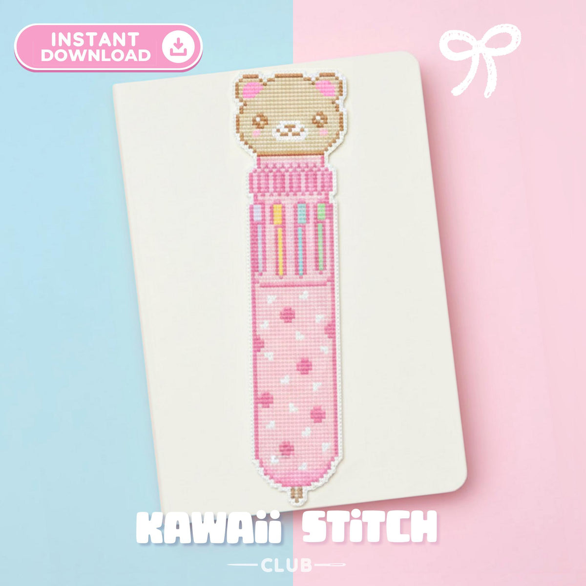 Kawaii rainbow pen bear bookmark cross stitch pattern