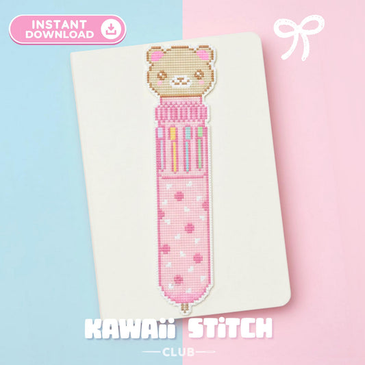 Kawaii rainbow pen bear bookmark cross stitch pattern