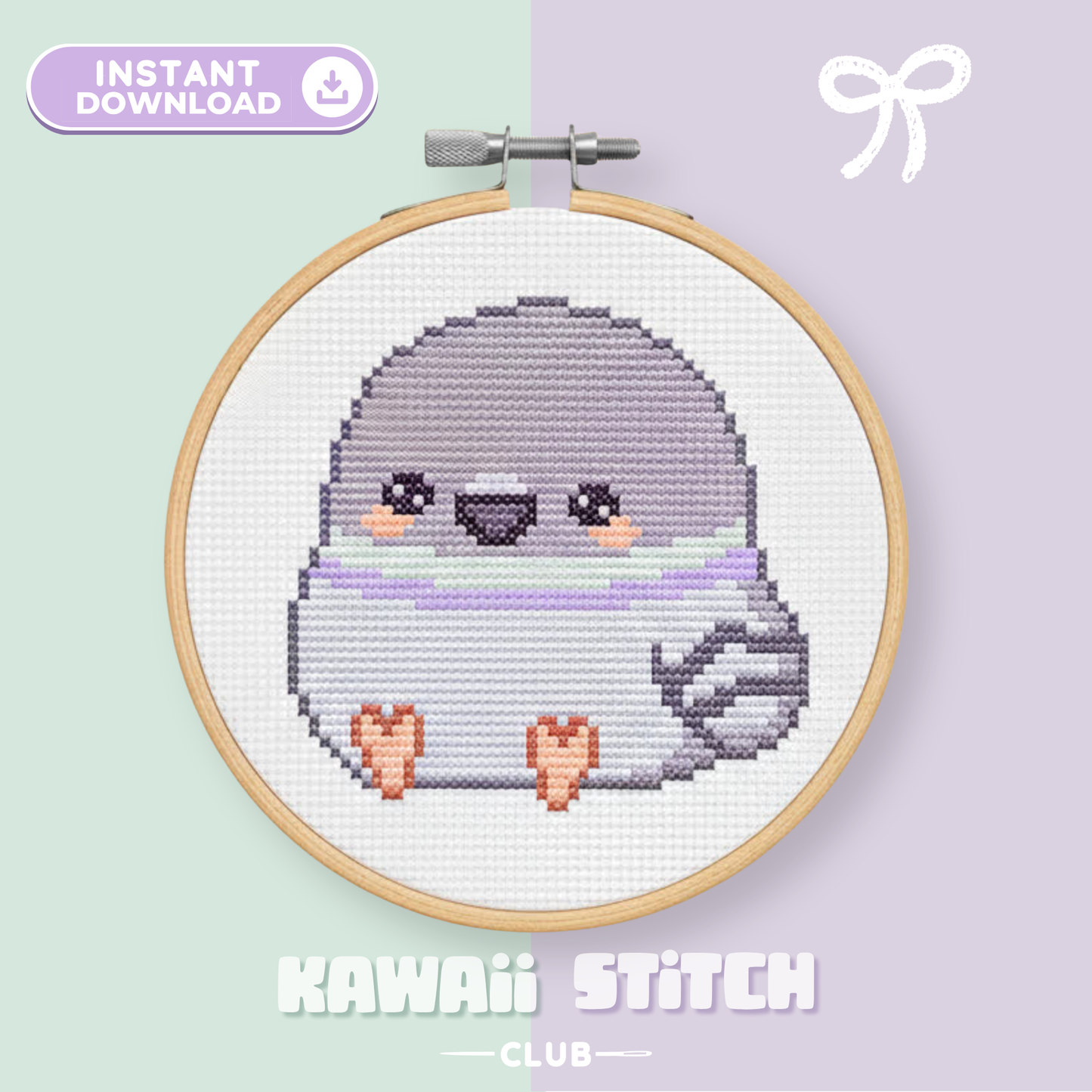 Baby pigeon cross stitch pattern stitched in a wooden hoop on a mint and lavender background