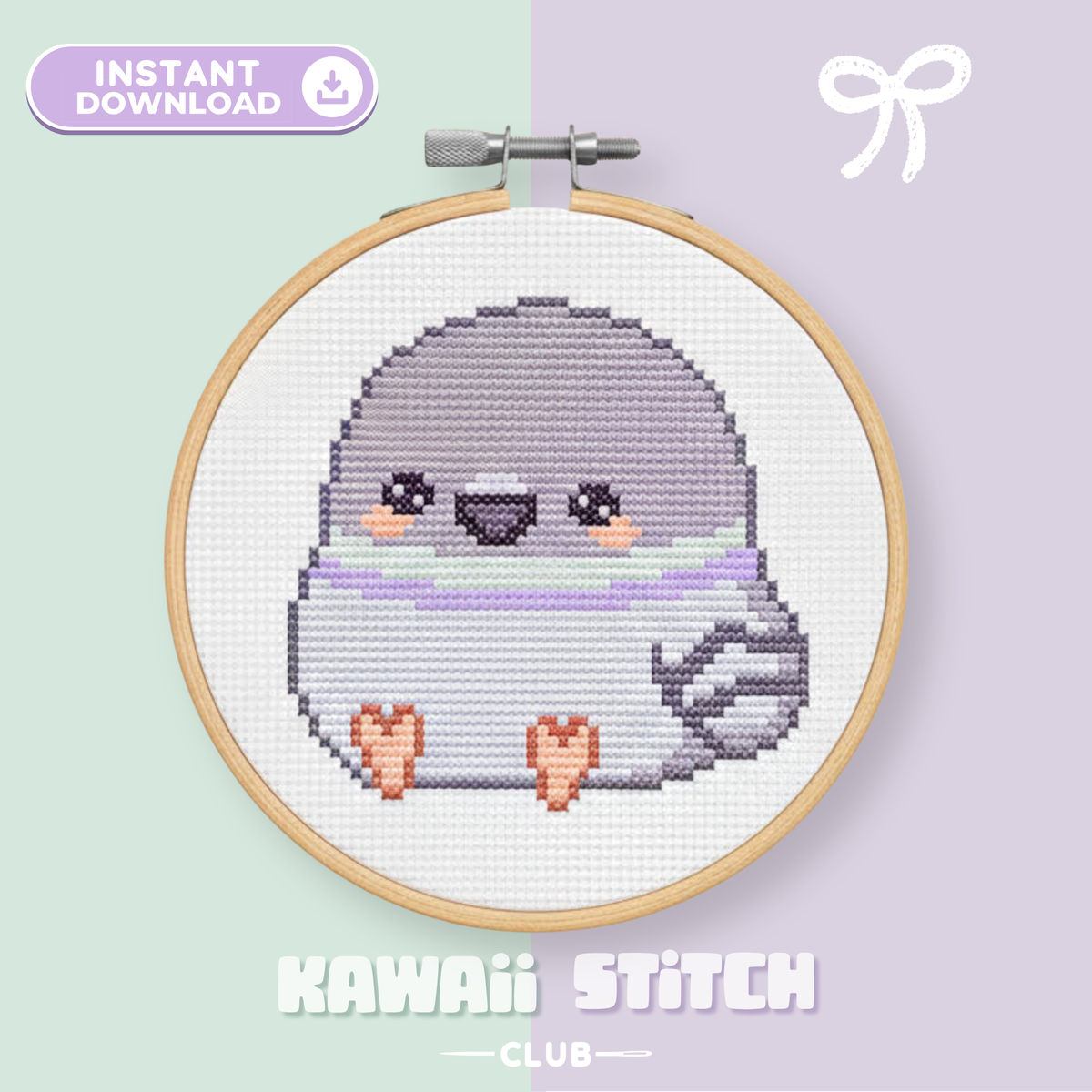 Baby pigeon cross stitch pattern stitched in a wooden hoop on a mint and lavender background