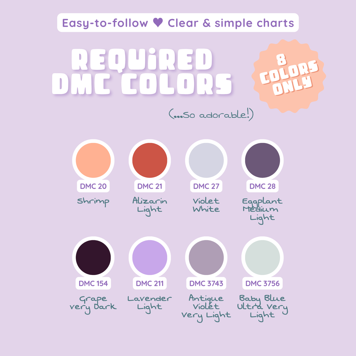 Eight DMC thread colors required for the baby pigeon cross stitch pattern