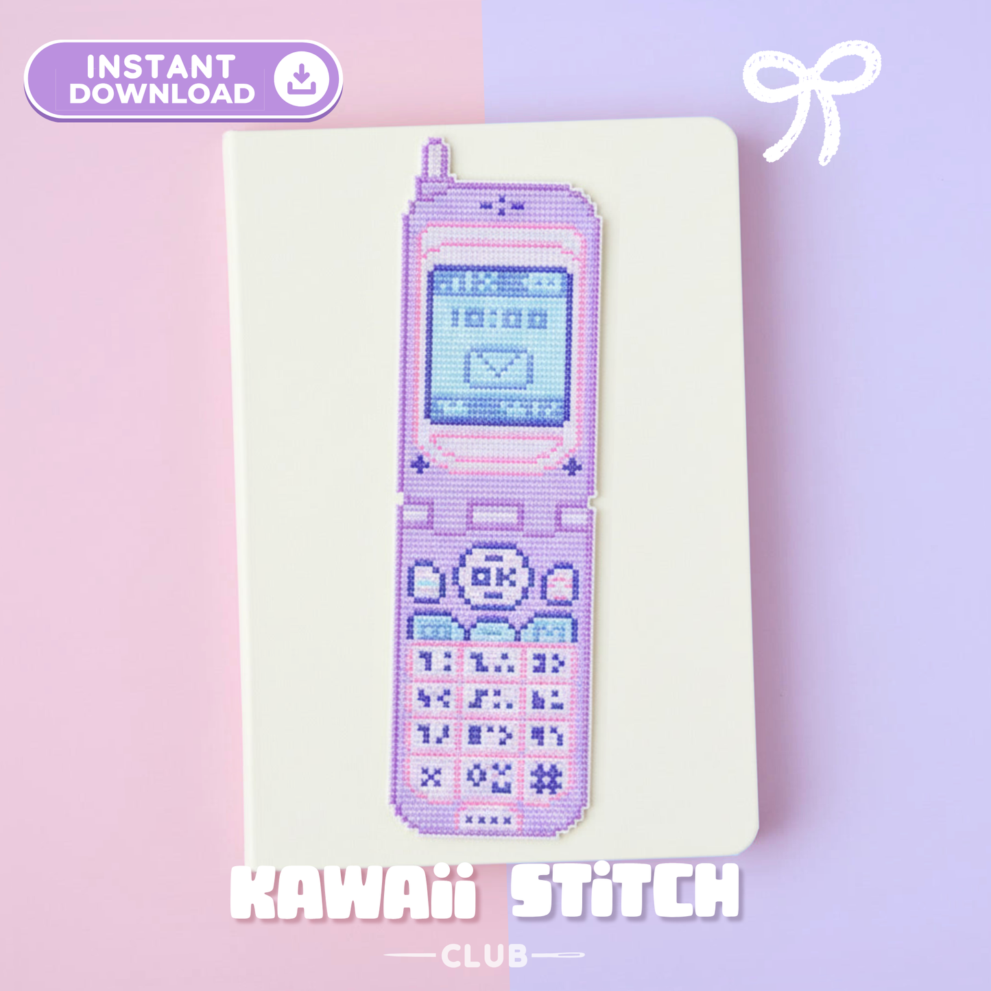 Cross Stitch Bookmark Pattern : Kawaii Pastel Retro Flip Phone (PDF)