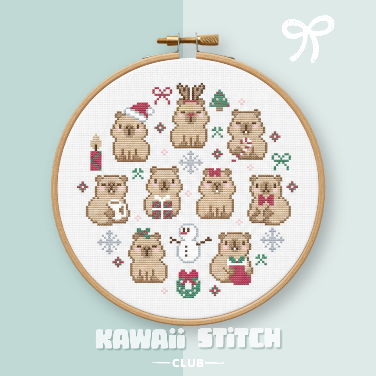 Nine kawaii Christmas capybaras displayed in a wooden embroidery hoop on a pale blue background