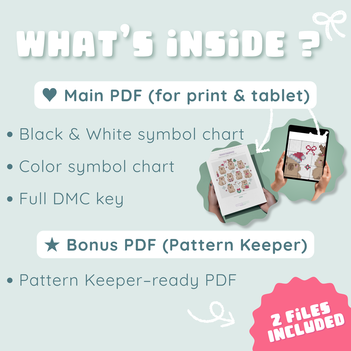 Preview of printable Christmas capybara charts and the Pattern Keeper-ready bonus PDF