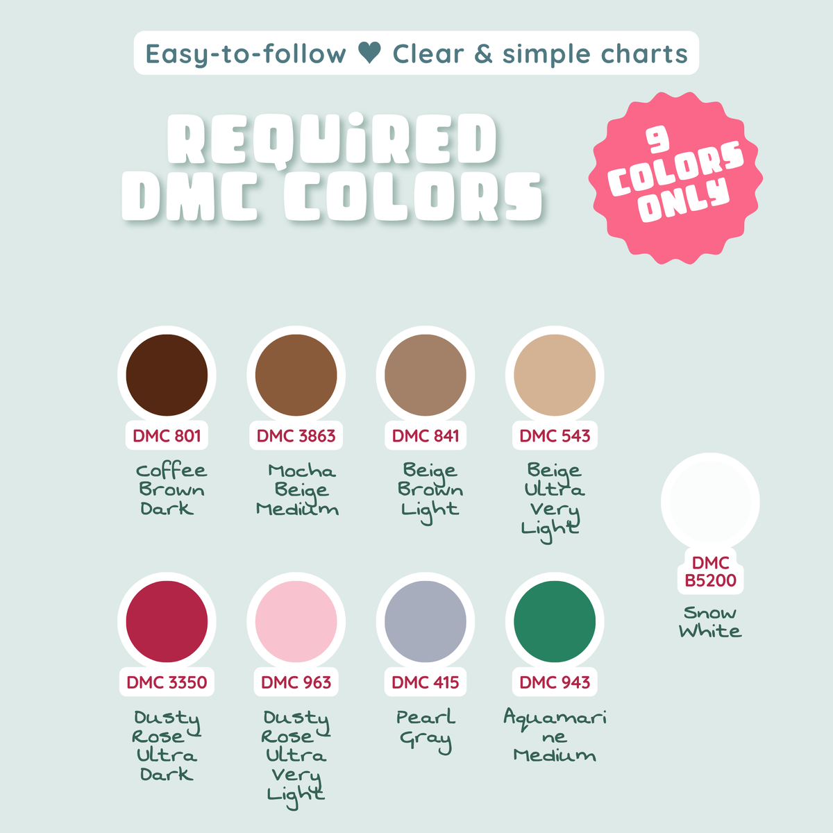 Nine DMC thread colors required for the Christmas capybara cross stitch pattern
