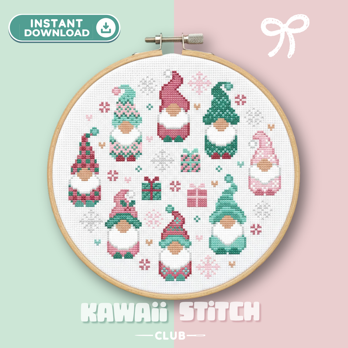Christmas gnomes cross stitch pattern in a hoop with eight pink and mint gnomes, gifts and snowflakes