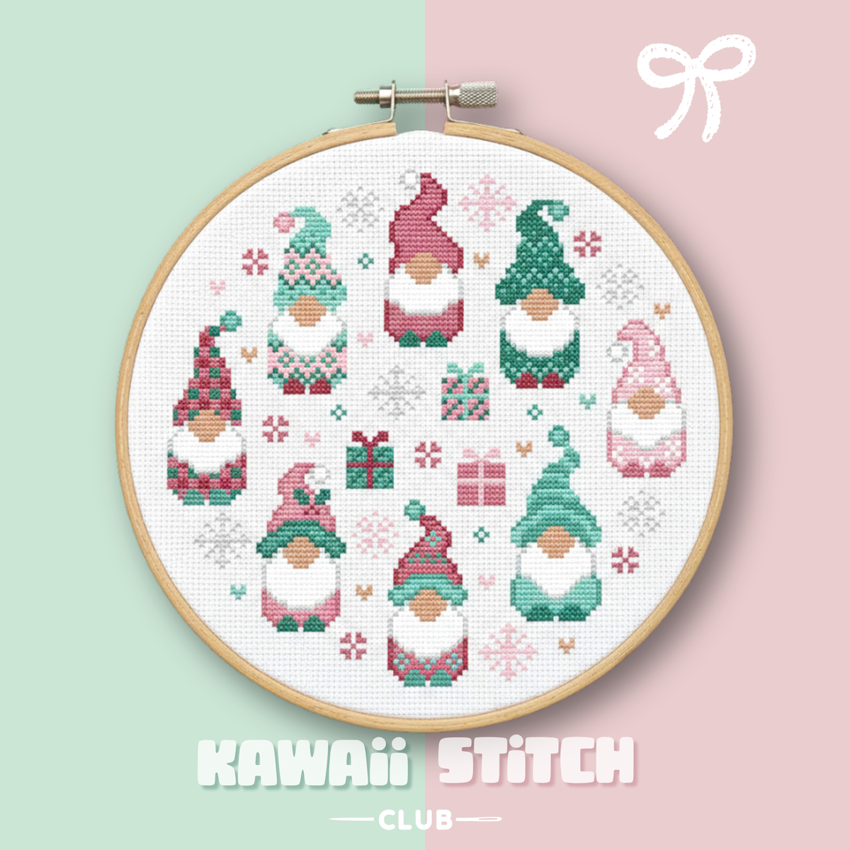 Eight pastel Christmas gnomes displayed in a wooden embroidery hoop on a mint and pink background