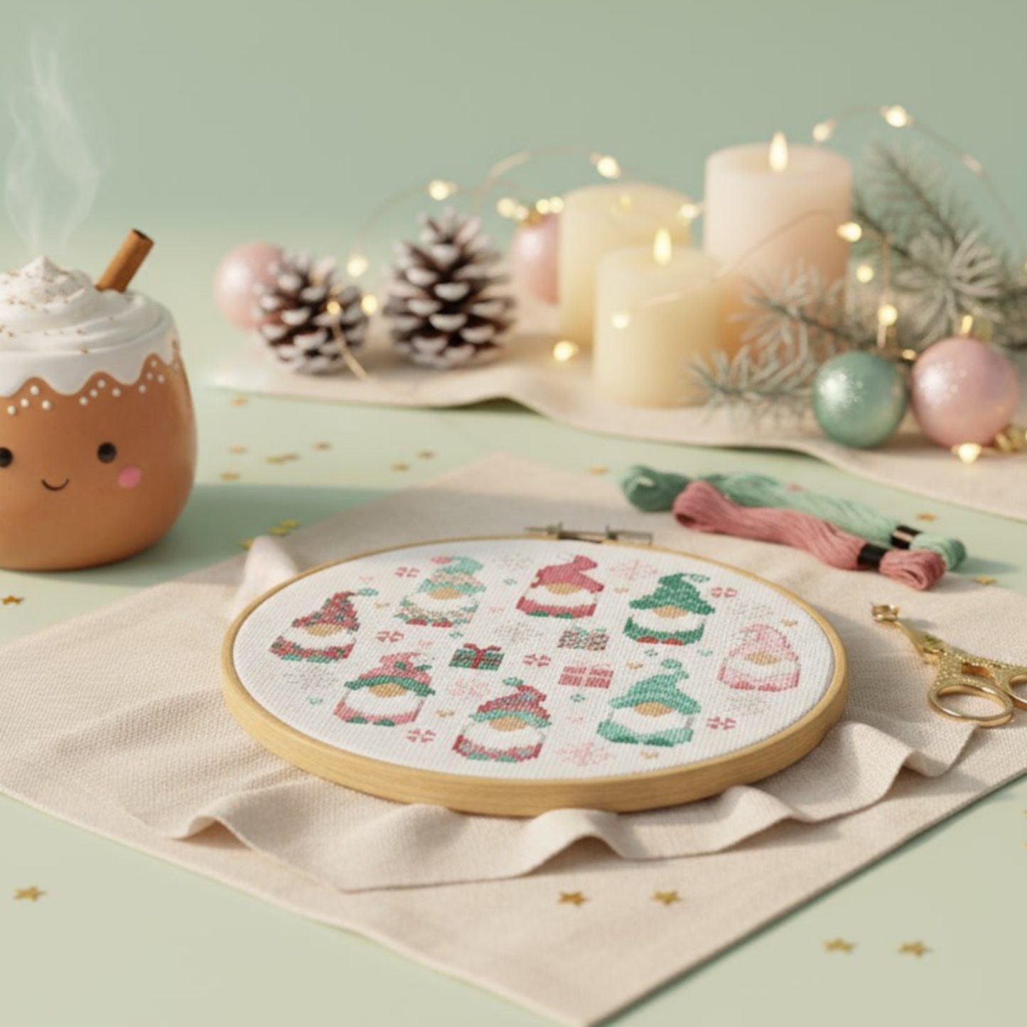 Finished Christmas gnomes cross stitch in a hoop beside pink and mint floss, candles and a gingerbread mug