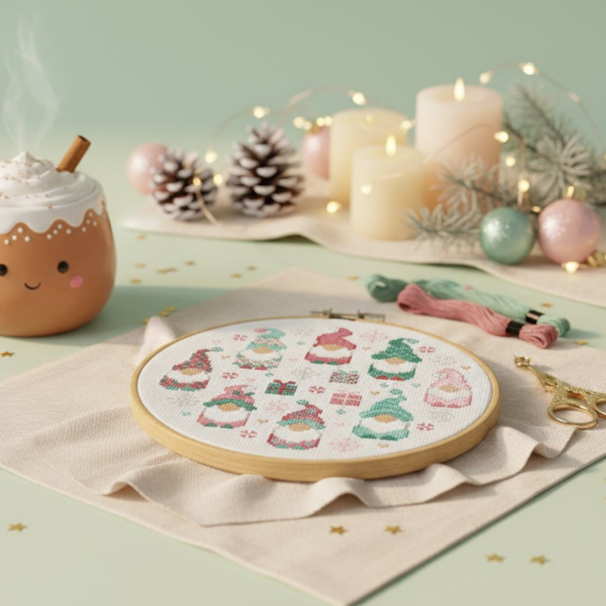 Finished Christmas gnomes cross stitch in a hoop beside pink and mint floss, candles and a gingerbread mug