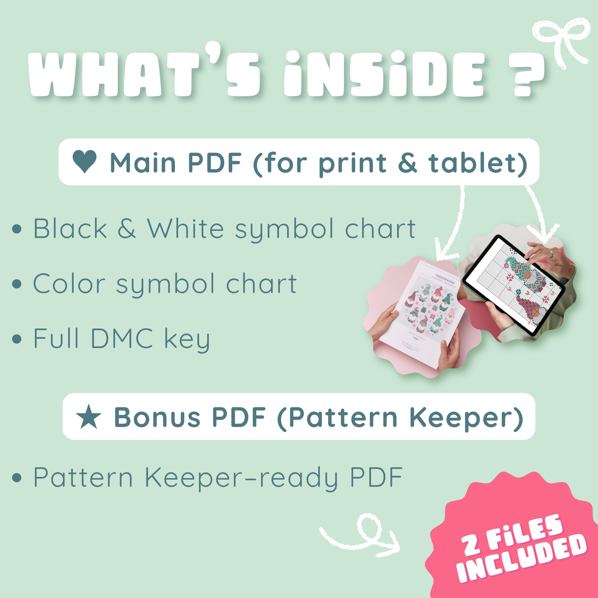 Preview of printable Christmas gnome charts and the Pattern Keeper-ready bonus PDF