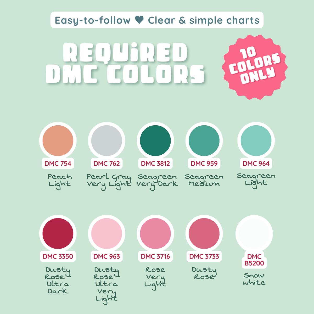 Ten DMC thread colors required for the pink and mint Christmas gnomes cross stitch pattern