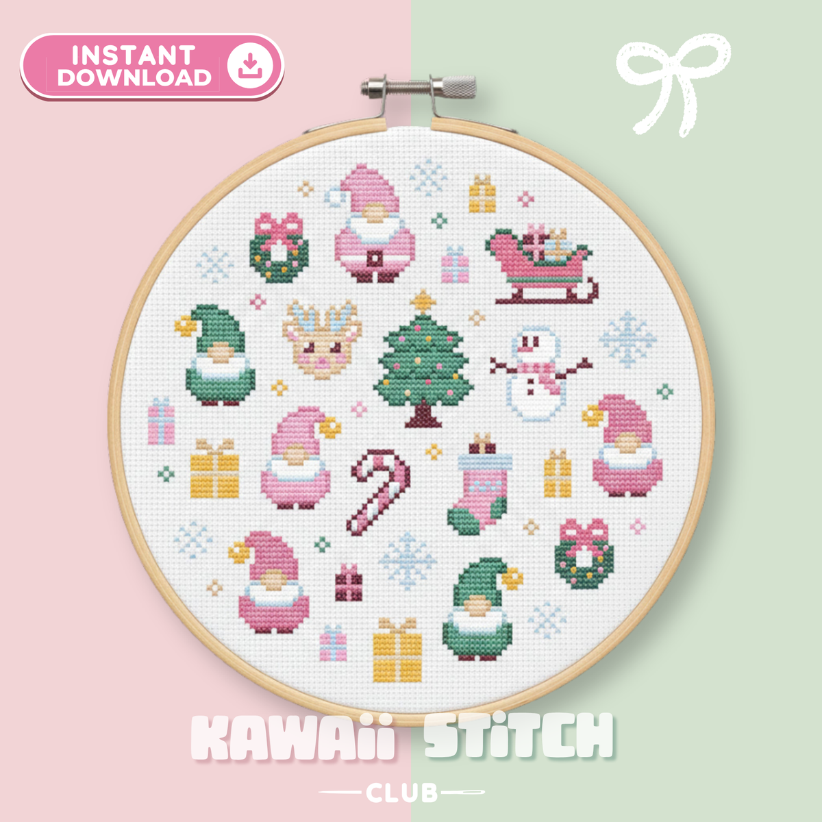 Pink Santa cross stitch pattern in a hoop with pink and green Santas, a sleigh, tree, snowman, reindeer and gifts