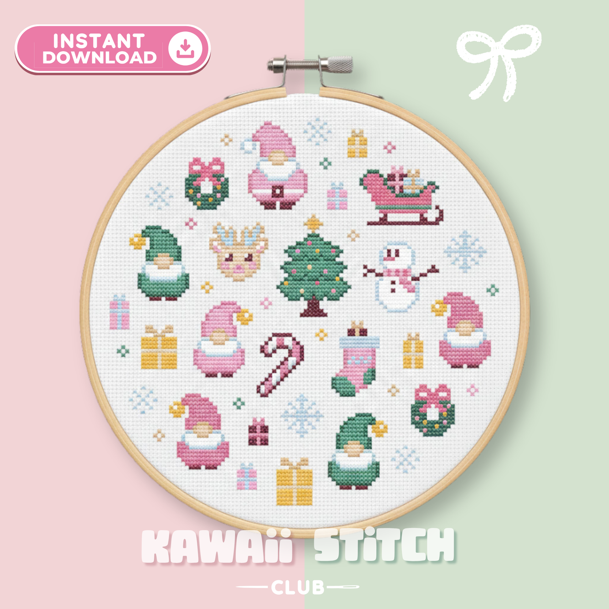 Pink Santa cross stitch pattern in a hoop with pink and green Santas, a sleigh, tree, snowman, reindeer and gifts