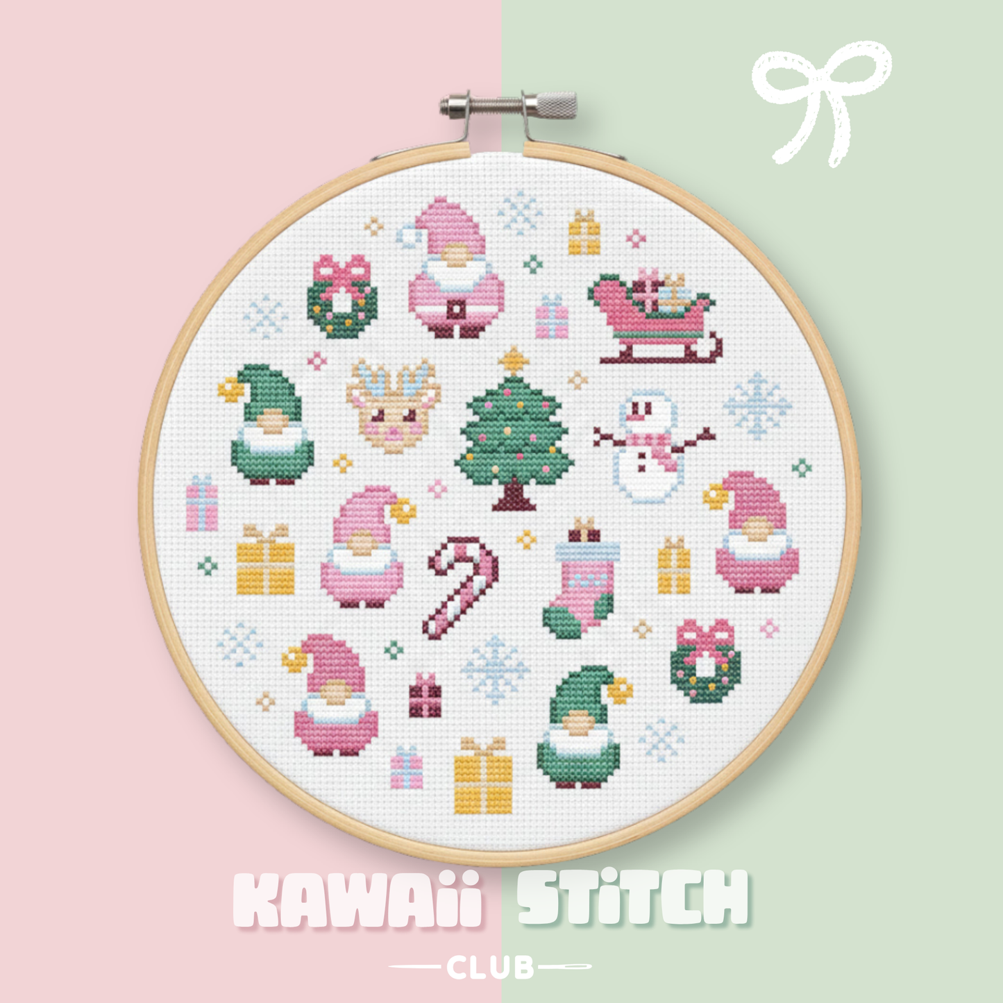 Pastel pink Santa Christmas motifs displayed in a wooden embroidery hoop