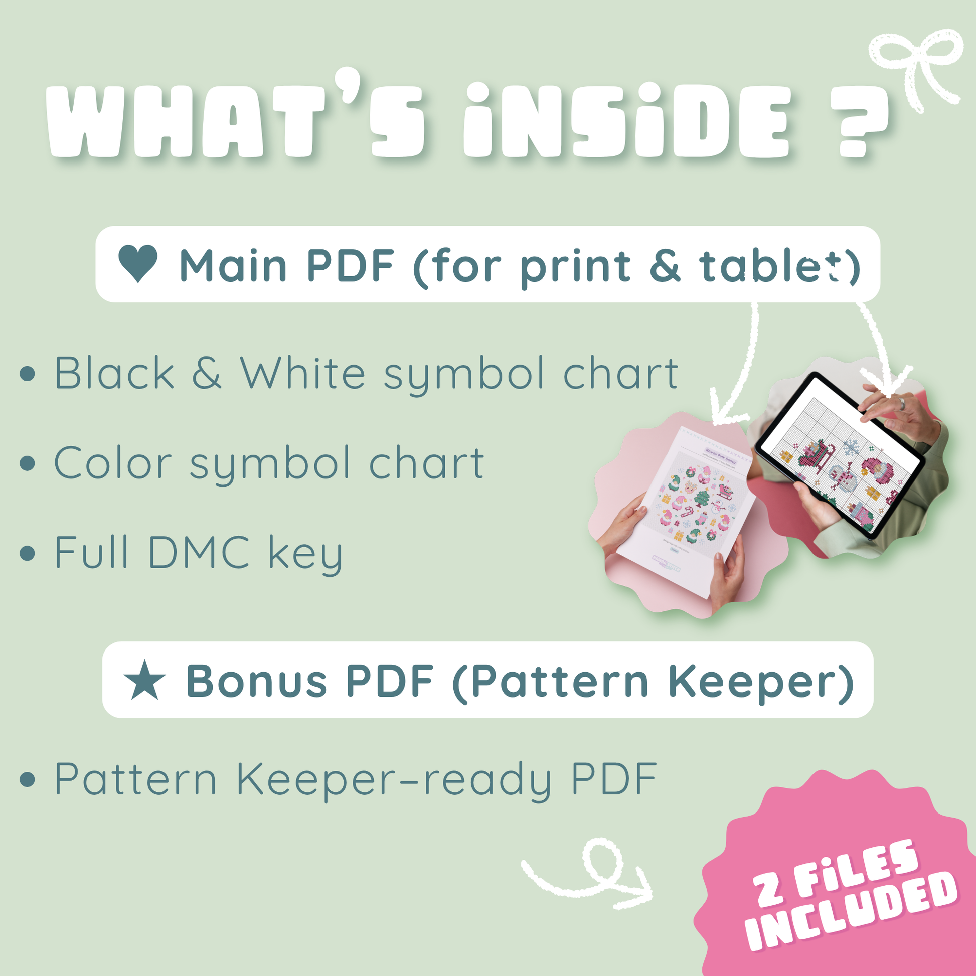 Preview of printable pink Santa charts and the Pattern Keeper-ready bonus PDF