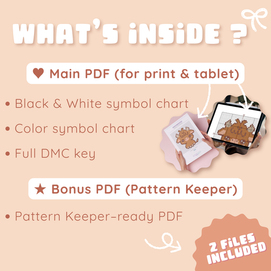 PDF contents: color and black-and-white Highland cow charts, DMC key and Pattern Keeper file