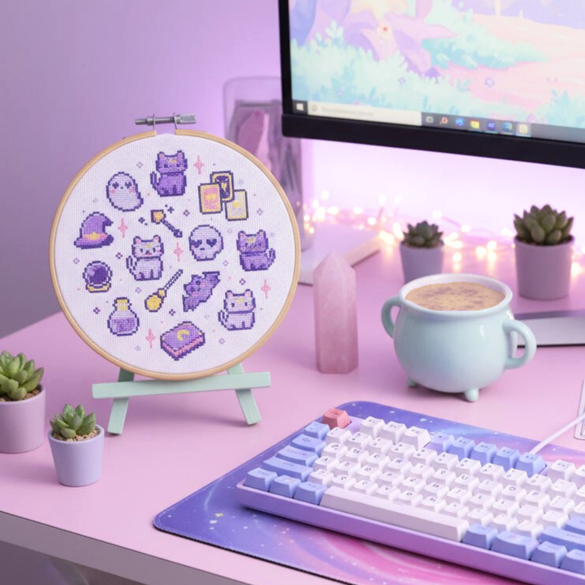 Witchy cats cross stitch displayed on a pastel gaming desk beside a keyboard and mug