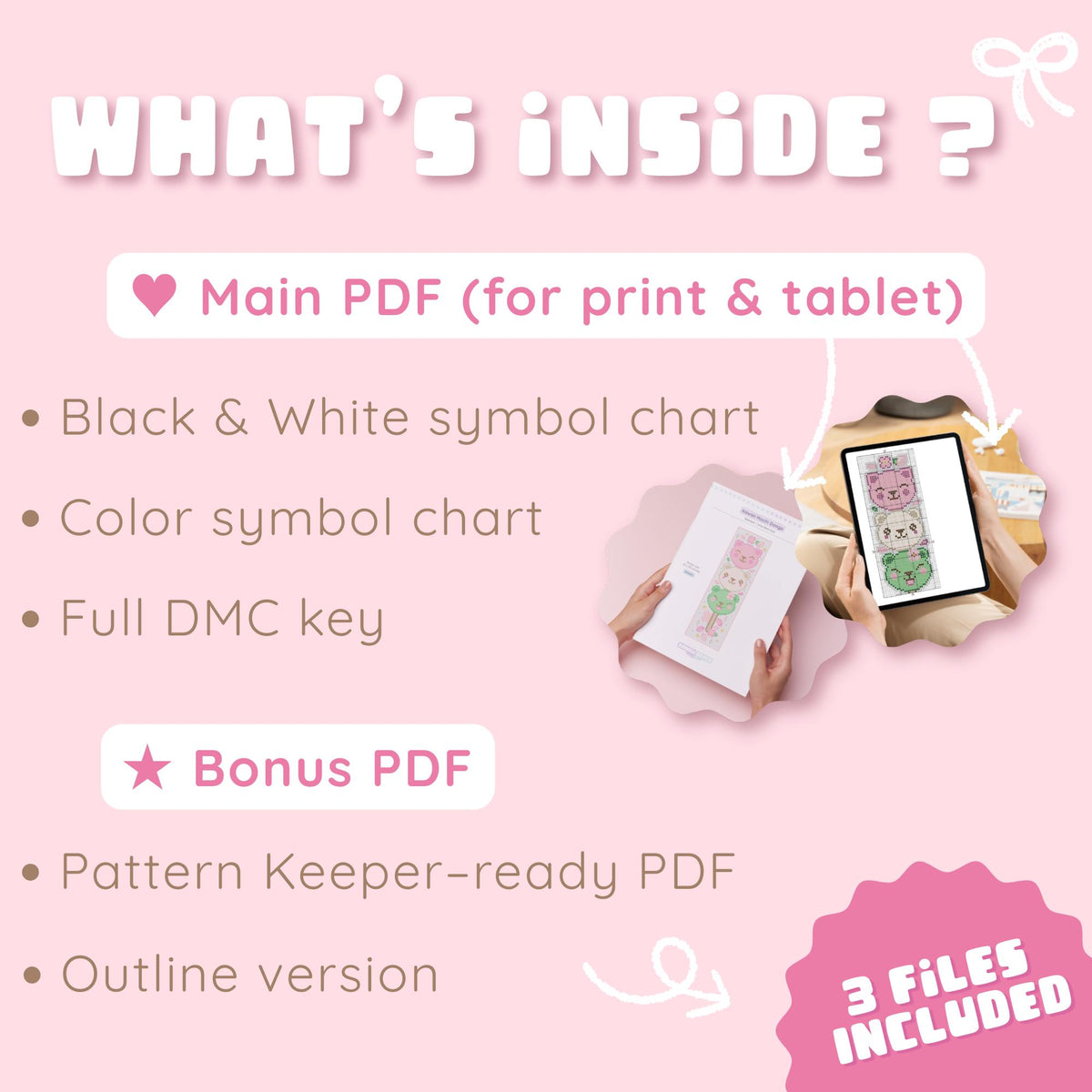 Pastel mochi dango bookmark pattern PDF with kawaii cat and bears
