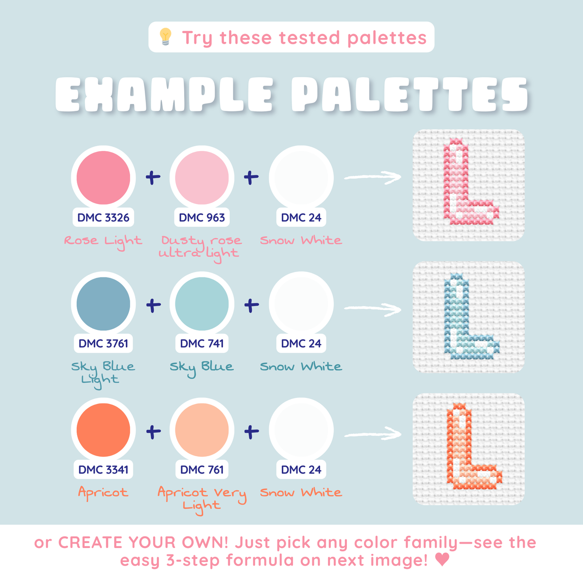 Example DMC color palettes for customizable uppercase bubble letters
